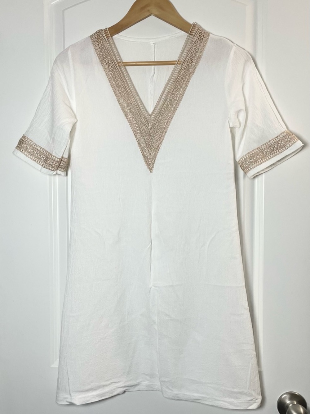 White Boho Tunic Dress Size S | Lace Trim V Neck Summer Casual - Picture 2 of 11
